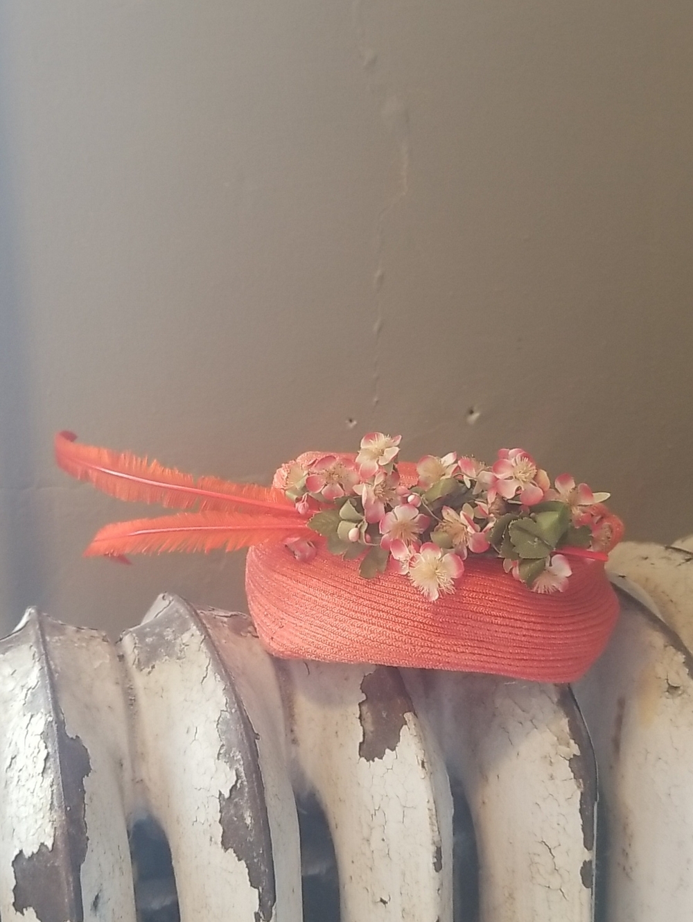 Vintage Tangerine Orange Floral Feather Pillbox Hat